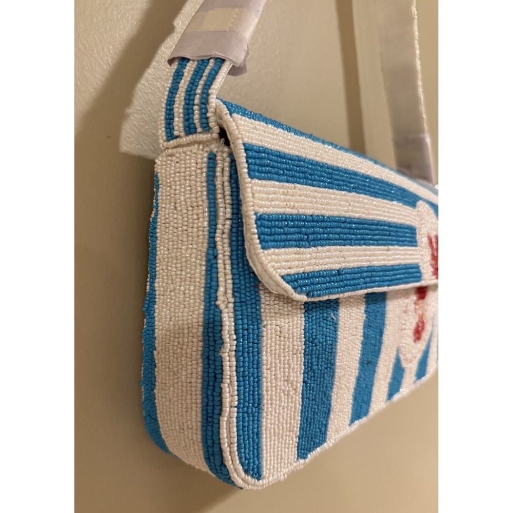 Handcrafted In India Beaded Lobster Stripe Bag Blue White Coastal Purse NWT - Picture 3 of 4